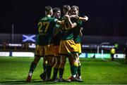 28 October 2022; Mark Dignam of UCD, right, celebrates with teammates after scoring their side's first goal during the SSE Airtricity League Premier Division match between Finn Harps and UCD at Finn Park in Ballybofey, Donegal. Photo by Ben McShane/Sportsfile