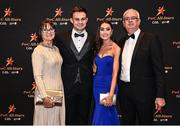 28 October 2022; Cillian McDaid of Galway and Niamh Mannion, with Cillian's parents Louise and Garvan on arrival at the PwC All-Stars Awards 2022 at the Convention Centre in Dublin. Photo by David Fitzgerald/Sportsfile