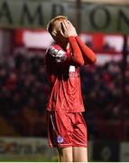 28 October 2022; Shane Farrell of Shelbourne reacts after a missed opportunity on goal during the SSE Airtricity League Premier Division match between Shelbourne and Drogheda United at Tolka Park in Dublin. Photo by Tyler Miller/Sportsfile