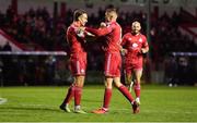 28 October 2022; Matty Smith of Shelbourne, left, celebrates with team-mate Jonathan Lunney after scoring his side's fifth goal during the SSE Airtricity League Premier Division match between Shelbourne and Drogheda United at Tolka Park in Dublin. Photo by Tyler Miller/Sportsfile