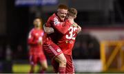 28 October 2022; Aodh Dervin of Shelbourne, left, celebrates with team-mate Kameron Ledwidge after scoring his side's sixth goal during the SSE Airtricity League Premier Division match between Shelbourne and Drogheda United at Tolka Park in Dublin. Photo by Tyler Miller/Sportsfile