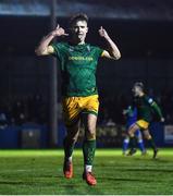 28 October 2022; Thomas Lonergan of UCD celebrates after scoring his side's third goal, a penalty, during the SSE Airtricity League Premier Division match between Finn Harps and UCD at Finn Park in Ballybofey, Donegal. Photo by Ben McShane/Sportsfile