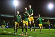 28 October 2022; Thomas Lonergan of UCD celebrates with teammate Mark Dignam, right, after scoring their side's third goal, a penalty, during the SSE Airtricity League Premier Division match between Finn Harps and UCD at Finn Park in Ballybofey, Donegal. Photo by Ben McShane/Sportsfile