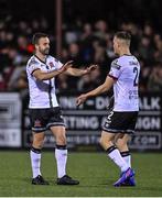 28 October 2022; Robbie Benson, left, and Lewis Macari of Dundalk after their side's victory in the SSE Airtricity League Premier Division match between Dundalk and Bohemians at Casey's Field in Dundalk, Louth. Photo by Seb Daly/Sportsfile