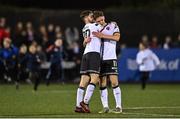28 October 2022; Joe Adams, left, and John Martin of Dundalk after their side's victory in the SSE Airtricity League Premier Division match between Dundalk and Bohemians at Casey's Field in Dundalk, Louth. Photo by Seb Daly/Sportsfile
