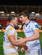 28 October 2022; Tadgh McElroy and Charlie Tector of Leinster embrace after their side's victory in the United Rugby Championship match between Scarlets and Leinster at Parc Y Scarlets in Llanelli, Wales. Photo by Harry Murphy/Sportsfile