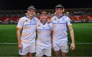 28 October 2022; Leinster debutants, from left, Ben Brownlee Tadgh McElroy and Charlie Tector after their side's victory in the United Rugby Championship match between Scarlets and Leinster at Parc Y Scarlets in Llanelli, Wales. Photo by Harry Murphy/Sportsfile