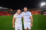28 October 2022; Tadgh McElroy and Vakhtang Abdaladze of Leinster after their side's victory in the United Rugby Championship match between Scarlets and Leinster at Parc Y Scarlets in Llanelli, Wales. Photo by Harry Murphy/Sportsfile