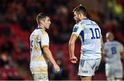 28 October 2022; Luke McGrath and Ross Byrne of Leinster during the United Rugby Championship match between Scarlets and Leinster at Parc Y Scarlets in Llanelli, Wales. Photo by Harry Murphy/Sportsfile
