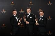 28 October 2022; Clare hurlers, from left, Tony Kelly, David Fitzgerald and Shane O'Donnell with their PwC All-Star awards at the PwC All-Stars Awards 2022 at the Convention Centre in Dublin. Photo by Sam Barnes/Sportsfile