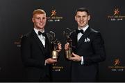 28 October 2022; Kilkenny and Shamrocks Ballyhale hurlers, from left, Adrian Mullen and TJ Reid with their PwC All-Star awards at the PwC All-Stars Awards 2022 at the Convention Centre in Dublin. Photo by Sam Barnes/Sportsfile