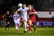 28 October 2022; Matty Smith of Shelbourne in action against Dylan Molloy of Drogheda United during the SSE Airtricity League Premier Division match between Shelbourne and Drogheda United at Tolka Park in Dublin. Photo by Tyler Miller/Sportsfile