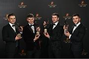 28 October 2022; Galway award winners, from left, footballer Cillian McDaid, hurler John Daly, hurler Pádraic Mannion and footballer Damien Comer at the PwC All-Stars Awards 2022 at the Convention Centre in Dublin. Photo by Sam Barnes/Sportsfile