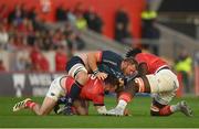 29 October 2022; Duane Vermeulen of Ulster tussles with Diarmuid Barron and Edwin Edogbo of Munster during the United Rugby Championship match between Munster and Ulster at Thomond Park in Limerick. Photo by Harry Murphy/Sportsfile
