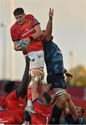 29 October 2022; Eoin O'Connor of Munster takes the ball in a lineout from Duane Vermeulen of Ulster during the United Rugby Championship match between Munster and Ulster at Thomond Park in Limerick. Photo by Brendan Moran/Sportsfile