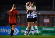 29 October 2022; Emily Corbet of Athlone Town celebrates with teammate Maddison Gibson, right, after scoring their side's first goal during the SSE Airtricity Women's National League match between Bohemians and Athlone Town at Dalymount Park in Dublin. Photo by Tyler Miller/Sportsfile