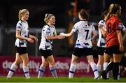29 October 2022; Emily Corbet of Athlone Town, left, celebrates with teammates Laurie Ryan, centre, and Gillian Keenan after scoring their side's first goal during the SSE Airtricity Women's National League match between Bohemians and Athlone Town at Dalymount Park in Dublin. Photo by Tyler Miller/Sportsfile