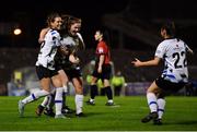 29 October 2022; Scarlett Herron of Athlone Town, centre, celebrates with team-mates Maddison Gibson, left, and Melissa O'Kane after scoring their side's second goal during the SSE Airtricity Women's National League match between Bohemians and Athlone Town at Dalymount Park in Dublin. Photo by Tyler Miller/Sportsfile