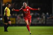 29 October 2022; Megan Smyth-Lynch of Shelbourne celebrates after scoring her side's third goal during the SSE Airtricity Women's National League match between Wexford Youths and Shelbourne at Ferrycarrig Park in Wexford. Photo by Eóin Noonan/Sportsfile