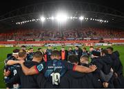 29 October 2022; Ulster players huddle after their side's victory in the United Rugby Championship match between Munster and Ulster at Thomond Park in Limerick. Photo by Harry Murphy/Sportsfile