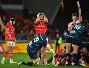 29 October 2022; Alex Kendellen of Munster, centre, reacts after his side gave away a penalty at the end of normal time during the United Rugby Championship match between Munster and Ulster at Thomond Park in Limerick. Photo by Brendan Moran/Sportsfile
