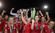 29 October 2022; Pearl Slattery of Shelbourne lifting the cup after the SSE Airtricity Women's National League match between Wexford Youths and Shelbourne at Ferrycarrig Park in Wexford. Photo by Eóin Noonan/Sportsfile