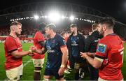 29 October 2022; Jordi Murphy of Ulster shakes hands with Alex Kendellen of Munster after the United Rugby Championship match between Munster and Ulster at Thomond Park in Limerick. Photo by Harry Murphy/Sportsfile
