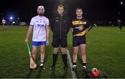 29 October 2022; Referee Michael Kennedy weith team captains Luke O’Brien of Waterford, left, and Eric Finn of TG4 Underdogs before the match between TG4 Underdogs and Waterford at the SETU Arena in Waterford. Photo by Seb Daly/Sportsfile