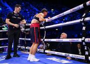 29 October 2022; Ellie Scotney speaks to Barry McGuigan, right, and coach Shane McGuigan during her European super bantamweight title fight against Mary Romero at the OVO Arena Wembley in London, England. Photo by Stephen McCarthy/Sportsfile