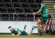 29 October 2022; Alex Wootton of Connacht scores a try during the United Rugby Championship match between Ospreys and Connacht at Swansea.com Stadium in Swansea, Wales. Photo by Gruffydd Thomas/Sportsfile