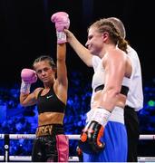 29 October 2022; Maisey Rose Courtney is declared victorious over Judit Hachbold after their flyweight bout at the OVO Arena Wembley in London, England. Photo by Stephen McCarthy/Sportsfile