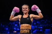 29 October 2022; Maisey Rose Courtney celebrates after her flyweight bout against Judit Hachbold at the OVO Arena Wembley in London, England. Photo by Stephen McCarthy/Sportsfile