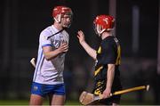 29 October 2022; Calum Lyons of Waterford and Tommy Barry of TG4 Underdogs shake hands after the match between TG4 Underdogs and Waterford at the SETU Arena in Waterford. Photo by Seb Daly/Sportsfile