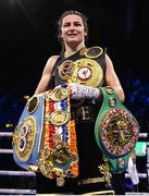 29 October 2022; Katie Taylor with her belts after winning her undisputed lightweight championship fight against Karen Elizabeth Carabajal at the OVO Arena Wembley in London, England. Photo by Stephen McCarthy/Sportsfile