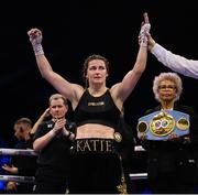 29 October 2022; Katie Taylor is declared victorious after her undisputed lightweight championship fight against Karen Elizabeth Carabajal at the OVO Arena Wembley in London, England. Photo by Stephen McCarthy/Sportsfile