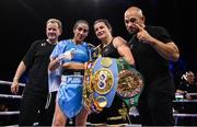 29 October 2022; Katie Taylor with her trainer Ross Enamait, right, manager Brian Peters, left, and Karen Elizabeth Carabajal after their undisputed lightweight championship fight at the OVO Arena Wembley in London, England. Photo by Stephen McCarthy/Sportsfile