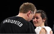 29 October 2022; Katie Taylor and manager Brian Peters after her undisputed lightweight championship fight against Karen Elizabeth Carabajal at the OVO Arena Wembley in London, England. Photo by Stephen McCarthy/Sportsfile