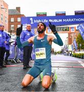 30 October 2022; Taoufik Allam, crosses the line to become the 2022 Irish Life Dublin Marathon champion of the men’s field with a time of 2:11:30, during the 2022 Irish Life Dublin Marathon. 25,000 runners took to the Fitzwilliam Square start line to participate in the 41st running of the Dublin Marathon after a two-year absence. Photo by Sam Barnes/Sportsfile
