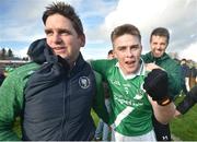 30 October 2022; David Wynne of Moycullen celebrates with Paul Clancy after the Galway County Senior Club Football Championship Final match between Salthill Knocknacarra and Moycullen at Pearse Stadium in Galway. Photo by Ray Ryan/Sportsfile