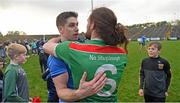 30 October 2022; Lee Keegan of Westport, left, and Padraig O’Hora of Ballina Stephenites after the Mayo County Senior Football Championship Final match between Ballina Stephenites and Westport at Hastings Insurance MacHale Park in Castlebar, Mayo. Photo by Conor McKeown/Sportsfile