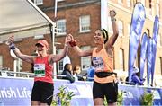 30 October 2022; Phoebe Campbell from Leitrim, right, and Judy Kulkarni compete in the 2022 Irish Life Dublin Marathon. 25,000 runners took to the Fitzwilliam Square start line to participate in the 41st running of the Dublin Marathon after a two-year absence.  Photo by Sam Barnes/Sportsfile