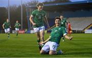 30 October 2022; Richard Vodo of Ireland, right, celebrates after scoring his side's first goal during the Victory Shield match between Republic of Ireland and Wales at the RSC in Waterford. Photo by Seb Daly/Sportsfile