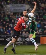 30 October 2022; Graham Burke of Shamrock Rovers in action against Cameron McJannet of Derry City during the SSE Airtricity League Premier Division match between Shamrock Rovers and Derry City at Tallaght Stadium in Dublin. Photo by Stephen McCarthy/Sportsfile