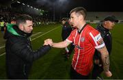 30 October 2022; Shamrock Rovers manager Stephen Bradley shakes hands with Patrick McEleney of Derry City after the SSE Airtricity League Premier Division match between Shamrock Rovers and Derry City at Tallaght Stadium in Dublin. Photo by Stephen McCarthy/Sportsfile