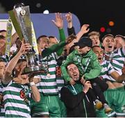 30 October 2022; Shamrock Rovers captain Ronan Finn lifts the trophy as Shamrock Rovers manager Stephen Bradley lifts his son Josh Bradley after the SSE Airtricity League Premier Division match between Shamrock Rovers and Derry City at Tallaght Stadium in Dublin. Photo by Ramsey Cardy/Sportsfile