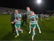 30 October 2022; Shamrock Rovers players, from left, Ronan Finn, Gary O'Neill and Lee Grace after the SSE Airtricity League Premier Division match between Shamrock Rovers and Derry City at Tallaght Stadium in Dublin. Photo by Stephen McCarthy/Sportsfile