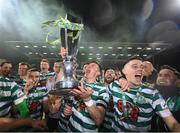 30 October 2022; Shamrock Rovers captain Ronan Finn lifts the SSE Airtricity League Premier Division trophy with teammates after the SSE Airtricity League Premier Division match between Shamrock Rovers and Derry City at Tallaght Stadium in Dublin. Photo by Stephen McCarthy/Sportsfile