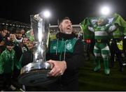 30 October 2022; Shamrock Rovers manager Stephen Bradley with the SSE Airtricity League Premier Division trophy after the SSE Airtricity League Premier Division match between Shamrock Rovers and Derry City at Tallaght Stadium in Dublin. Photo by Stephen McCarthy/Sportsfile