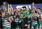 30 October 2022; Shamrock Rovers manager Stephen Bradley celebrates with his son Josh as Shamrock Rovers captain Ronan Finn lifts the SSE Airtricity League Premier Division trophy after  the SSE Airtricity League Premier Division match between Shamrock Rovers and Derry City at Tallaght Stadium in Dublin. Photo by Stephen McCarthy/Sportsfile