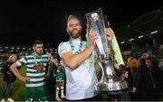 30 October 2022; Shamrock Rovers goalkeeper Alan Mannus with the SSE Airtricity League Premier Division trophy after the SSE Airtricity League Premier Division match between Shamrock Rovers and Derry City at Tallaght Stadium in Dublin. Photo by Stephen McCarthy/Sportsfile